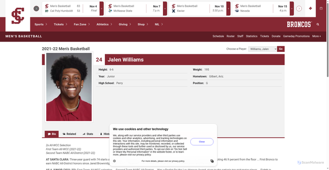 Security scan screenshot of https://santaclarabroncos.com/sports/mens-basketball/roster/jalen-williams/2280