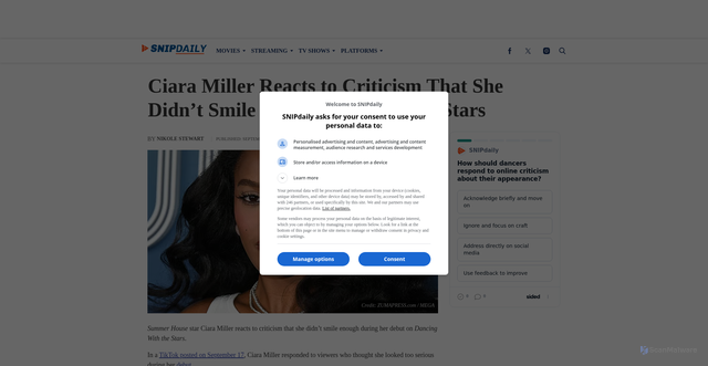 Security scan screenshot of https://www.snipdaily.com/tv-shows/ciara-miller-reacts-to-criticism/