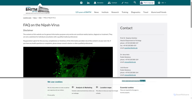 Security scan screenshot of https://www.bnitm.de/en/news/faq/faq-zum-nipah-virus