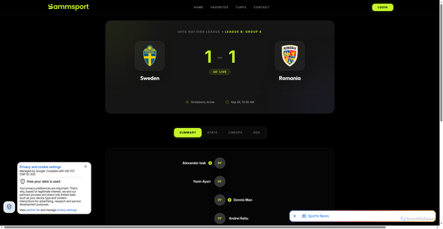 Security scan screenshot of https://sports.sammx.com/match/f-1738368/