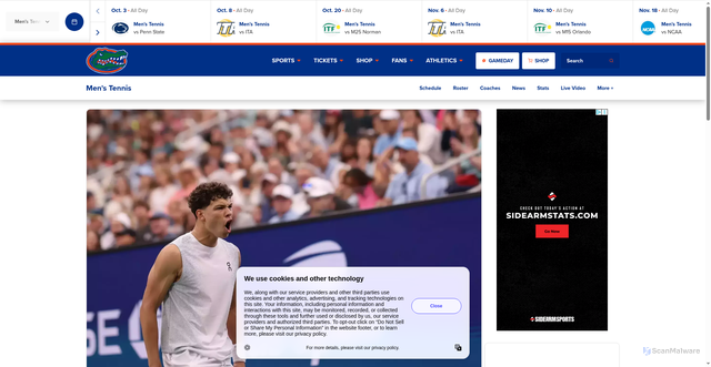 Security scan screenshot of https://floridagators.com/news/2025/10/2/mens-tennis-ben-shelton-is-back-in-action-for-the-rolex-shanghai-masters