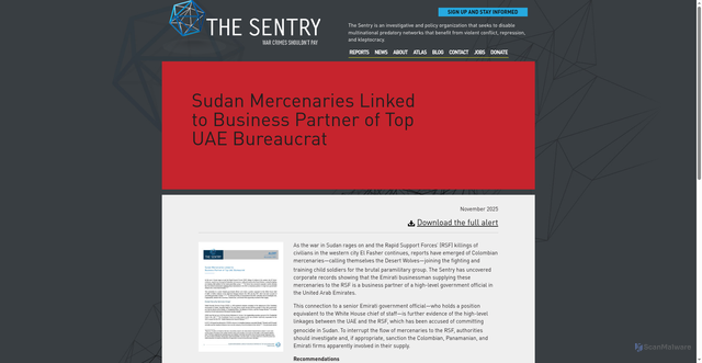 Security scan screenshot of https://thesentry.org/reports/sudan-mercenaries-rsf-uae-bureaucrat/