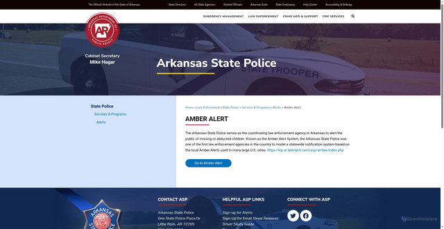 Security scan screenshot of https://dps.arkansas.gov/law-enforcement/arkansas-state-police/services-programs/alerts/amber-alert/