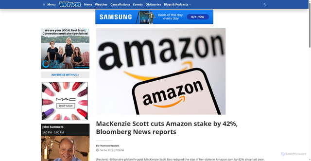 Security scan screenshot of https://wtvbam.com/2025/10/14/mackenzie-scott-cuts-amazon-stake-by-42-bloomberg-news-reports/