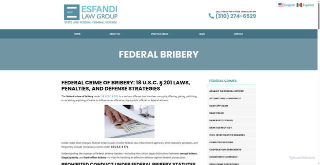 Security scan screenshot of https://www.esfandilawfirm.com/federal-bribery
