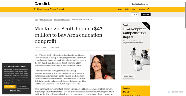 Security scan screenshot of https://philanthropynewsdigest.org/news/other-sources/article/?id=16539678&title=MacKenzie-Scott-donates-%2442-million-to-Bay-Area-education-nonprofit