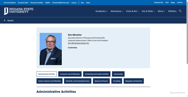 Security scan screenshot of https://www.indianastate.edu/profile/ken-menefee