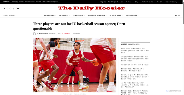 Security scan screenshot of https://www.thedailyhoosier.com/three-players-are-out-for-iu-basketball-season-opener-dorn-questionable/