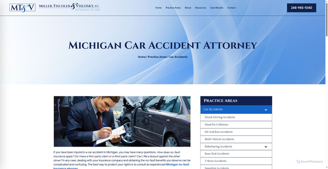 Security scan screenshot of https://www.millertischler.com/practice-areas/michigan-car-accident-attorney/