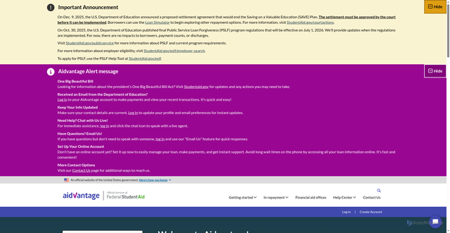 Security scan screenshot of https://aidvantage.studentaid.gov/