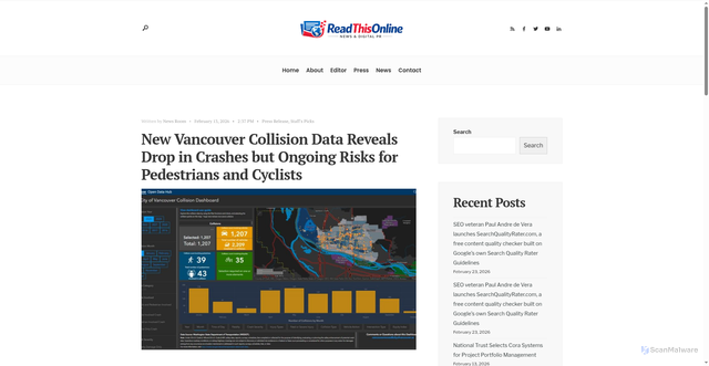 Security scan screenshot of https://michigan.readthisonline.com/blog/2026/02/13/new-vancouver-collision-data-reveals-drop-in-crashes-but-ongoing-risks-for-pedestrians-and-cyclists/