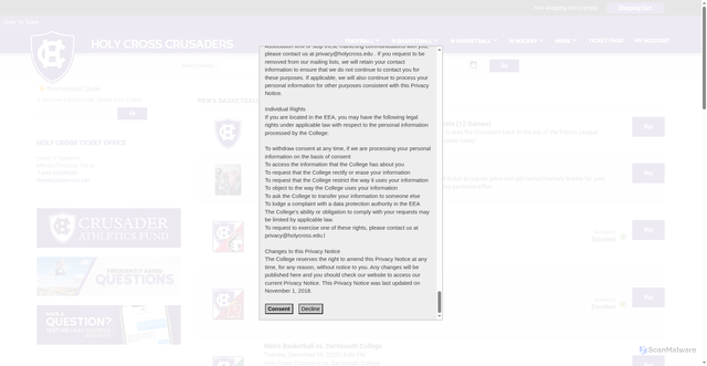Security scan screenshot of https://tickets.goholycross.com/Online/article/mbasketball?path=mbb
