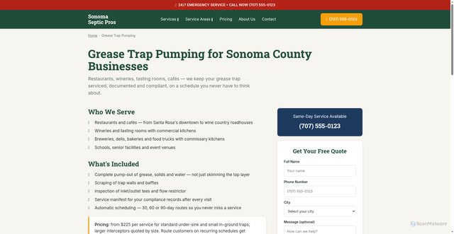 Security scan screenshot of http://sonomasepticpros.com/grease-trap-pumping/