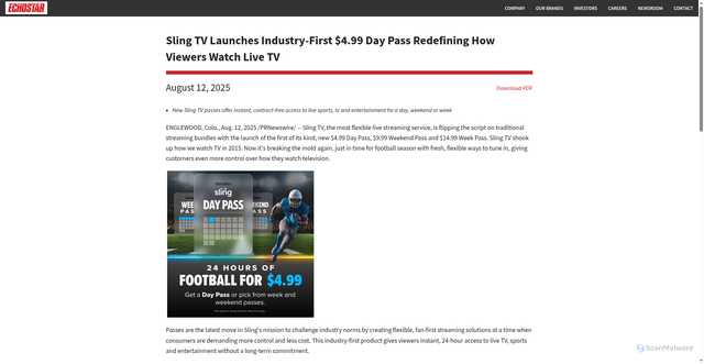 Security scan screenshot of https://ir.echostar.com/news-releases/news-release-details/sling-tv-launches-industry-first-499-day-pass-redefining-how