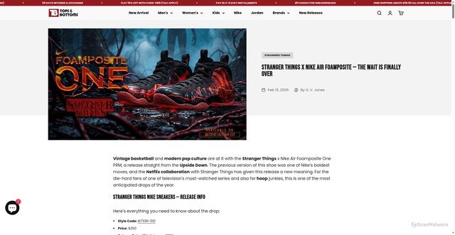 Security scan screenshot of https://www.topsandbottomsusa.com/blogs/new-look/stranger-things-x-nike-air-foamposite-the-wait-is-finally-over?srsltid=AfmBOopNmNHmeQToGC8gItgQ2rugk5dIAkYm-6wxoTXZ7Rm9ZCkT1hB3