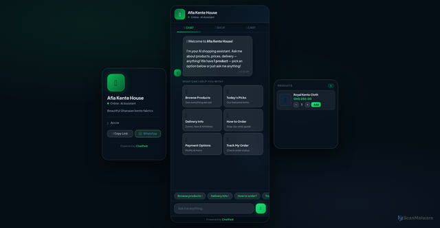 Security scan screenshot of https://chatpadi.com/chat/afia-kente