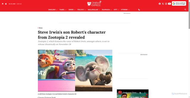 Security scan screenshot of https://www.cinemaexpress.com/english/news/2025/Oct/09/steve-irwins-son-roberts-character-from-zootopia-2-revealed