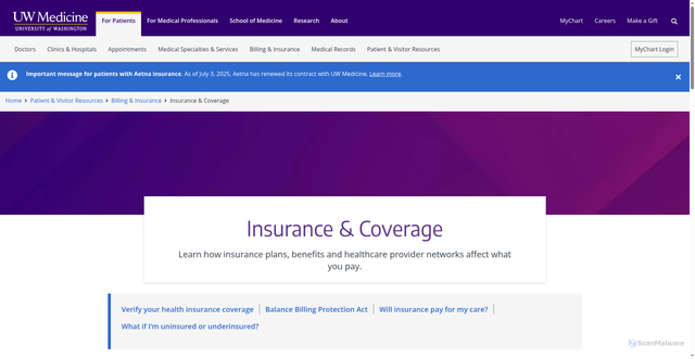 Security scan screenshot of https://www.uwmedicine.org/patient-resources/billing-and-insurance/insurance-and-coverage