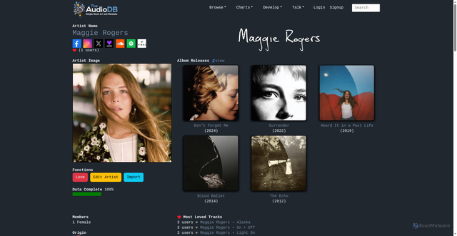Security scan screenshot of https://www.theaudiodb.com/artist/146198-Maggie-Rogers