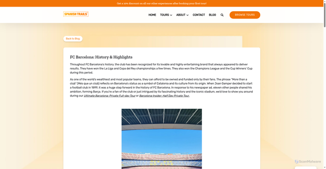 Security scan screenshot of https://spanish-trails.com/blog/fc-barcelona-history-highlights/