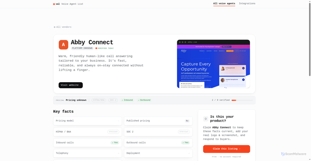 Security scan screenshot of https://voiceagentlist.com/vendors/abby-connect-7c6d85