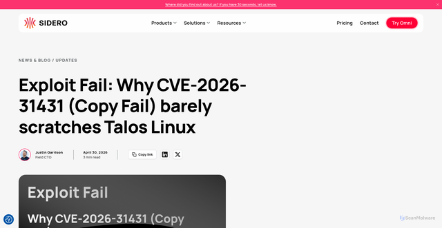 Security scan screenshot of https://www.siderolabs.com/blog/exploit-fail-cve-2026-31431-copy-fail-barely-scratches-talos-linux