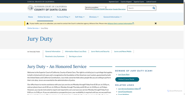 Security scan screenshot of https://santaclara.courts.ca.gov/online-services/jury-duty