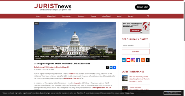 Security scan screenshot of https://www.jurist.org/news/2025/11/rights-groups-demand-us-congress-to-extend-affordable-care-act-subsidies/