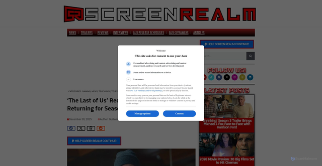 Security scan screenshot of https://screenrealm.com/danny-ramirez-not-returning-the-last-of-us-season-3-recast-manny/