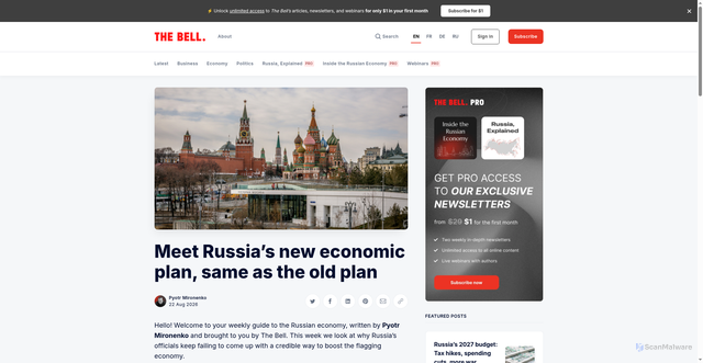 Security scan screenshot of https://en.thebell.io/meet-russias-new-economic-plan-same-as-the-old-plan/