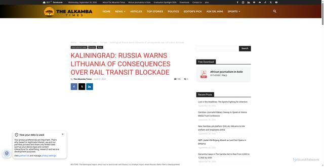 Security scan screenshot of https://alkambatimes.com/kaliningrad-russia-warns-lithuania-of-consequences-over-rail-transit-blockade/