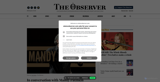 Security scan screenshot of https://www.ndsmcobserver.com/article/2025/04/in-conversation-with-mandy-patinkin
