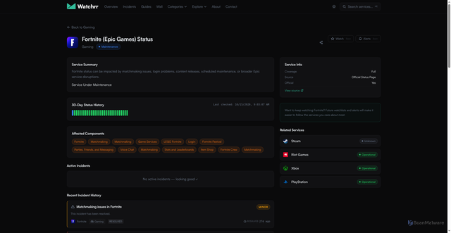 Security scan screenshot of https://watchrr.app/service/fortnite