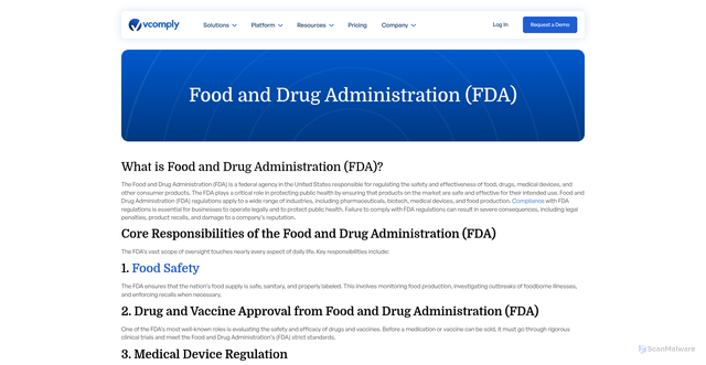 Security scan screenshot of https://www.v-comply.com/glossary/food-and-drug-administration-fda/
