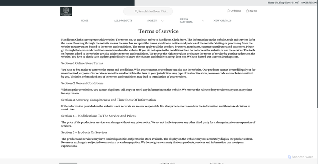 Security scan screenshot of https://handloomclothstore.com/terms-and-conditions