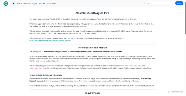 Security scan screenshot of https://magisk-web.pages.dev/modules/cloudflaredns4magisk-ipv6/