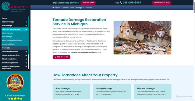 Security scan screenshot of https://www.concraft.com/storm-and-flood-damage/tornado