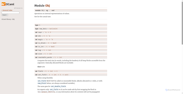 Security scan screenshot of https://ocaml.org/api/Obj.html