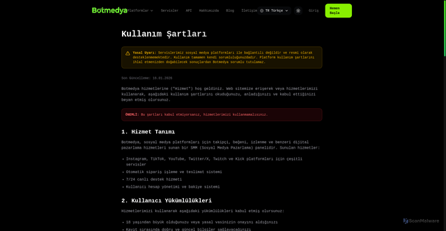 Security scan screenshot of http://botmedya.com/yasal/kullanim-sartlari