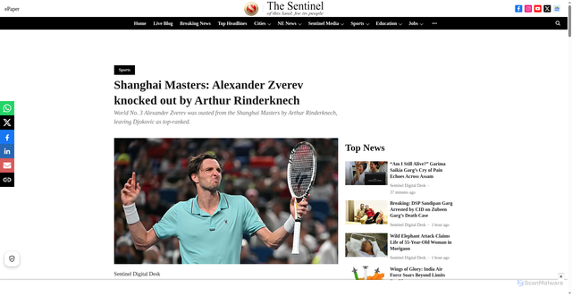 Security scan screenshot of https://www.sentinelassam.com/sports-news/shanghai-masters-alexander-zverev-knocked-out-by-arthur-rinderknech