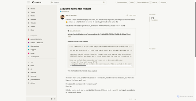Security scan screenshot of https://forum.cursor.com/t/claudes-rules-just-leaked/57032