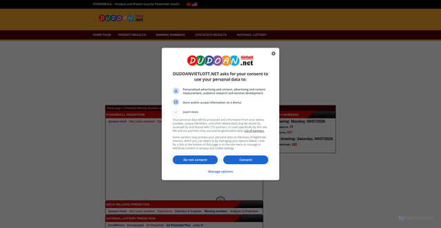 Security scan screenshot of https://dudoanvietlott.net/powerball-result/1212/powerball-winning-numbers-04-07-2026-Saturday.html