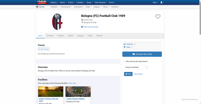 Security scan screenshot of https://soccer.travelsports.com/clubs/bologna-fc-football-club-1909