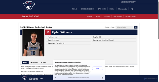 Security scan screenshot of https://gopatriotathletics.com/sports/mens-basketball/roster/ryder-williams/639