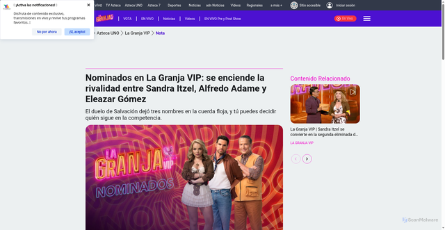 Security scan screenshot of https://www.tvazteca.com/aztecauno/la-granja-vip/ya-puedes-votar-por-tu-favorito-el-patron-sandra-itzel-lis-vega-y-eleazar