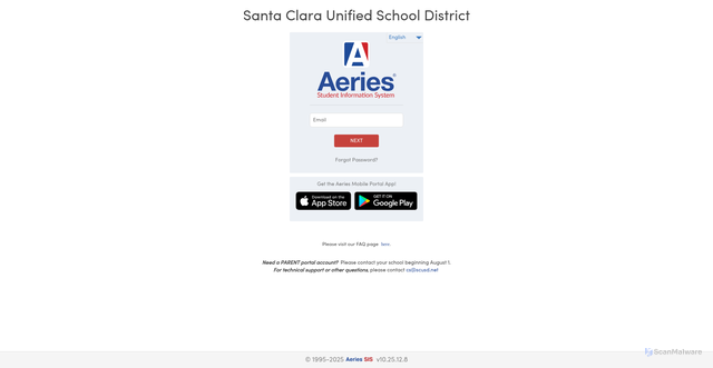 Security scan screenshot of https://santaclarausd.aeries.net/student/LoginParent.aspx