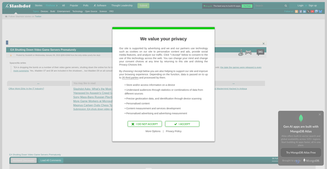 Security scan screenshot of https://games.slashdot.org/story/10/01/06/0456202/ea-shutting-down-video-game-servers-prematurely