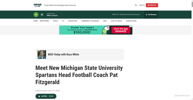 Security scan screenshot of https://www.wkar.org/show/msu-today-with-russ-white/2025-12-02/meet-new-michigan-state-university-spartans-head-football-coach-pat-fitzgerald