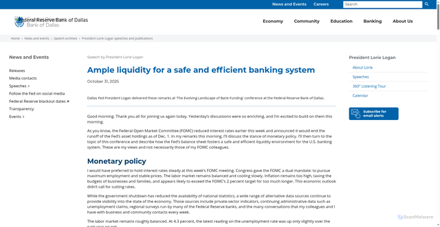 Security scan screenshot of https://www.dallasfed.org/news/speeches/logan/2025/lkl251031