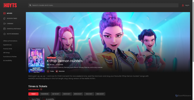 Security scan screenshot of https://www.hoyts.com.au/movies/k-pop-demon-hunters-sing-along